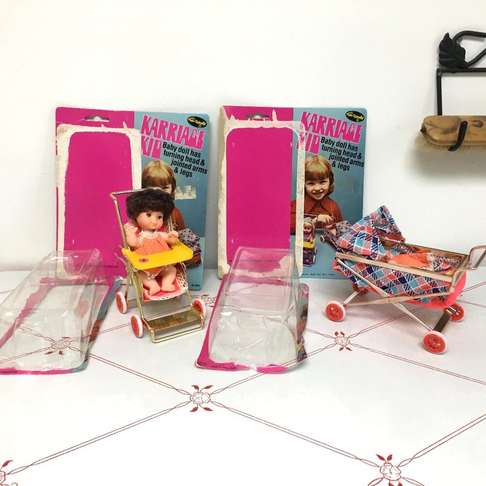 Vintage 5.5" Dolls in Collapsible Stroller & Carriage